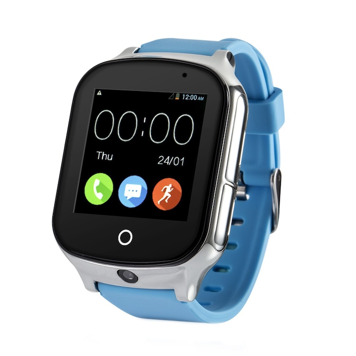 Ceas smartwatch GPS copii si adulti MoreFIT™ GW1000s 3G, cu GPS si functie telefon, camera 1.3MP, Wi-Fi, bluetooth, buton SOS, ecran touchscreen 1.54 inch, monitorizare spion, argintiu si curea din silicon albastru + SIM prepay cadou
