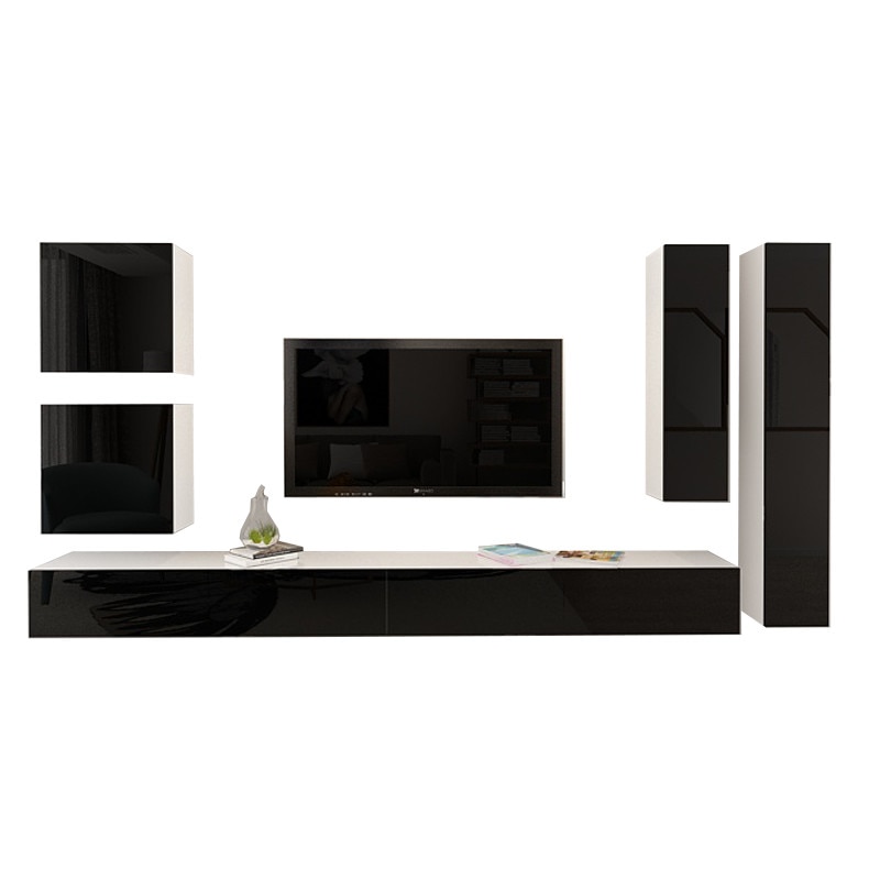 Set Mobila Living Modular Quadro 3 Alb cu usi Negre, MDF Lucios, dimensiune 360cm