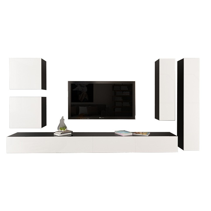 Set Mobila Living Modular Quadro 3 Negru cu usi Albe, MDF Lucios, dimensiune 360cm