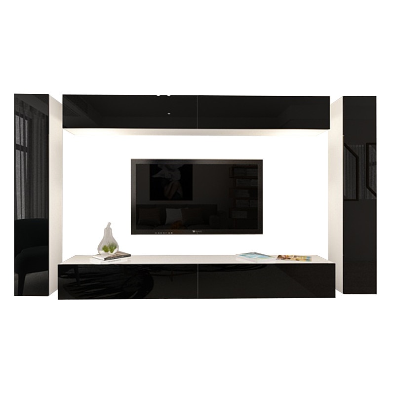 Set Mobila Living Modular Quadro 6 Alb cu usi Negre, MDF Lucios, dimensiune 320cm