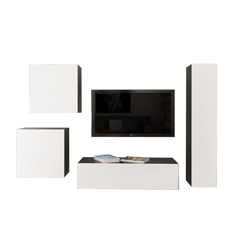 Set Mobila Living Modular Quadro 4 Negru cu usi Albe, MDF Lucios, dimensiune 240cm