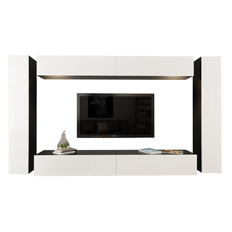 Set Mobila Living Modular Quadro 6 Negru cu usi Albe, MDF Lucios, dimensiune 320cm
