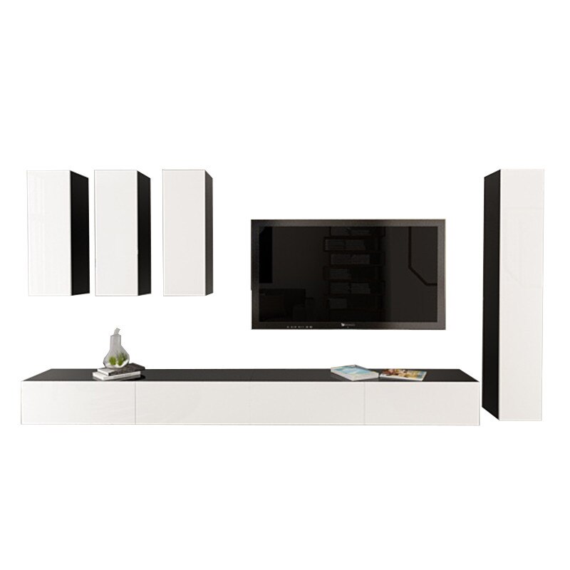 Set Mobila Living Modular Quadro 5 Negru cu usi Albe, MDF Lucios, dimensiune 400cm