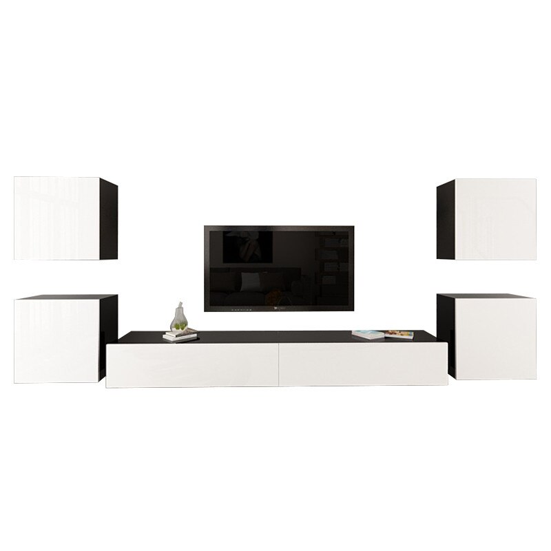 Set Mobila Living Modular Quadro 9 Negru cu usi Albe, MDF Lucios, dimensiune 380cm