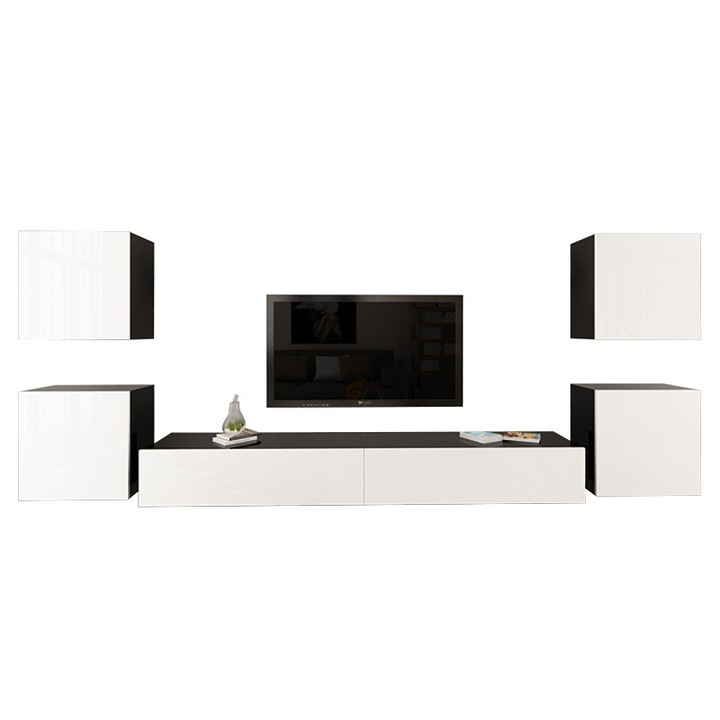 Set Mobila Living Modular Quadro 9 Negru cu usi Albe, MDF Lucios, dimensiune 380cm
