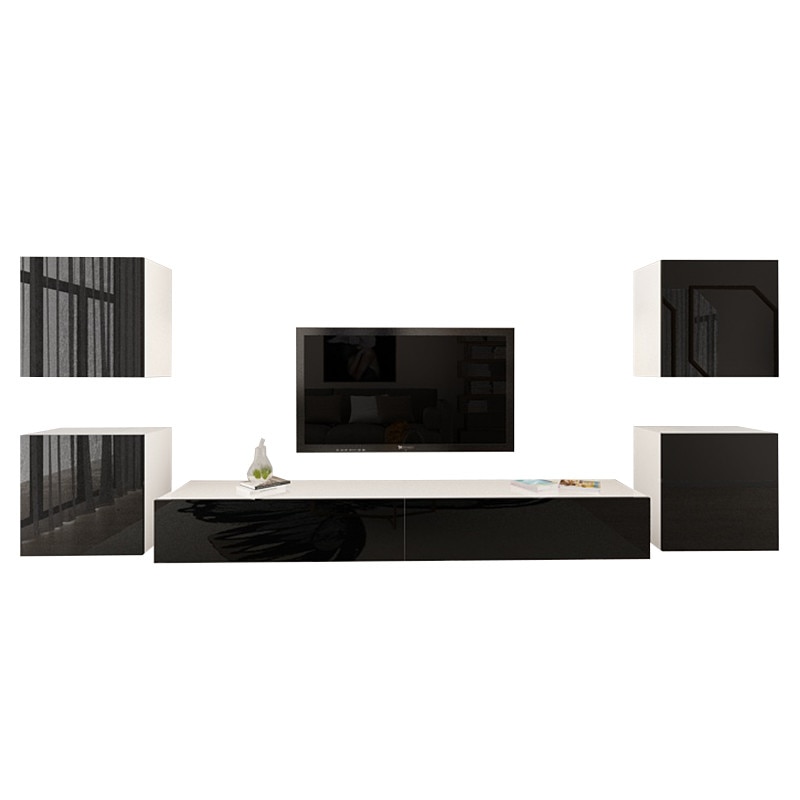 Set Mobila Living Modular Quadro 9 Alb cu usi Negre, MDF Lucios, dimensiune 380cm