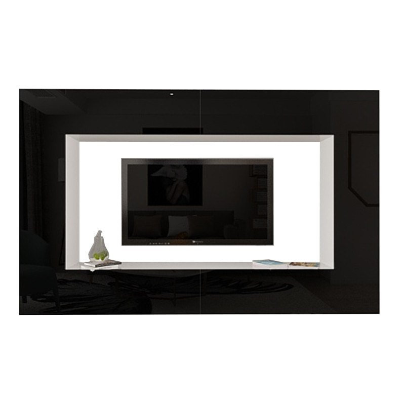Set Mobila Living Modular Quadro 8 Alb cu usi Negre, MDF Lucios, dimensiune 240cm