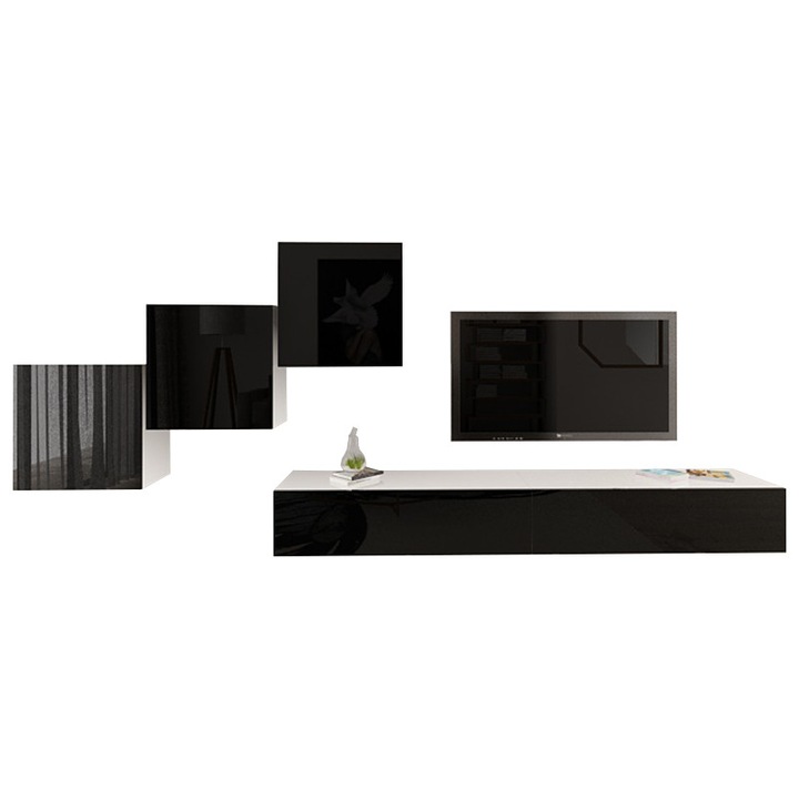 Set Mobila Living Modular Quadro 10 Alb cu usi Negre, MDF Lucios, dimensiune 360cm