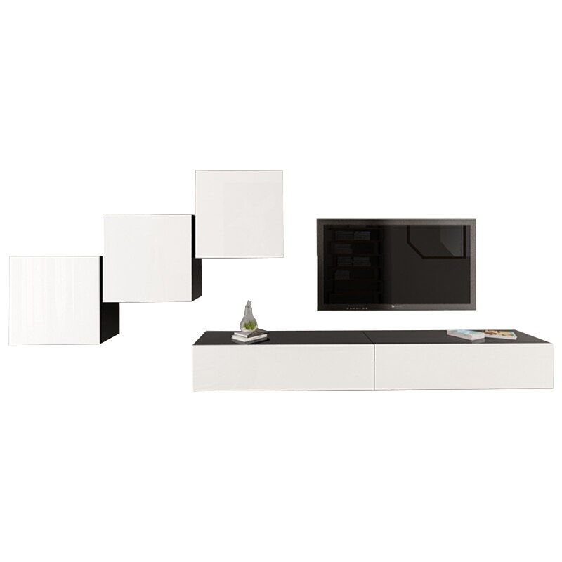 Set Mobila Living Modular Quadro 10 Negru cu usi Albe, MDF Lucios, dimensiune 360cm