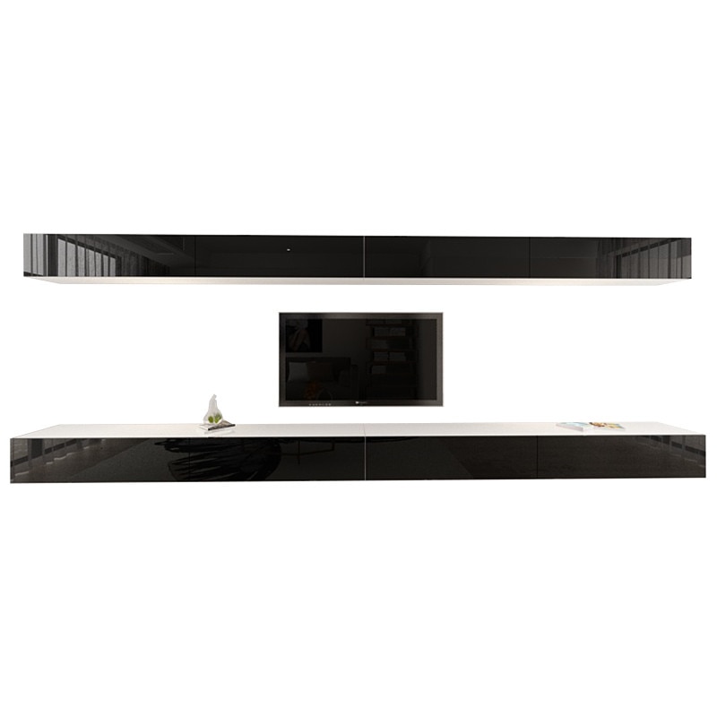 Set Mobila Living Modular Quadro 11 Alb cu usi Negre, MDF Lucios, dimensiune 480cm