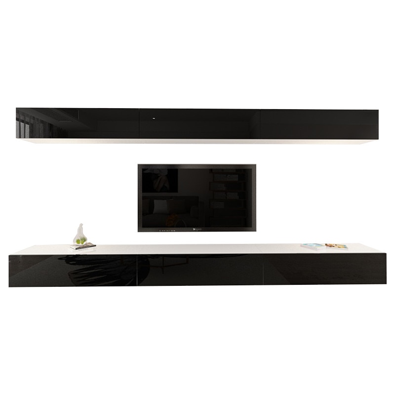 Set Mobila Living Modular Quadro 13 Alb cu usi Negre, MDF Lucios, dimensiune 360cm