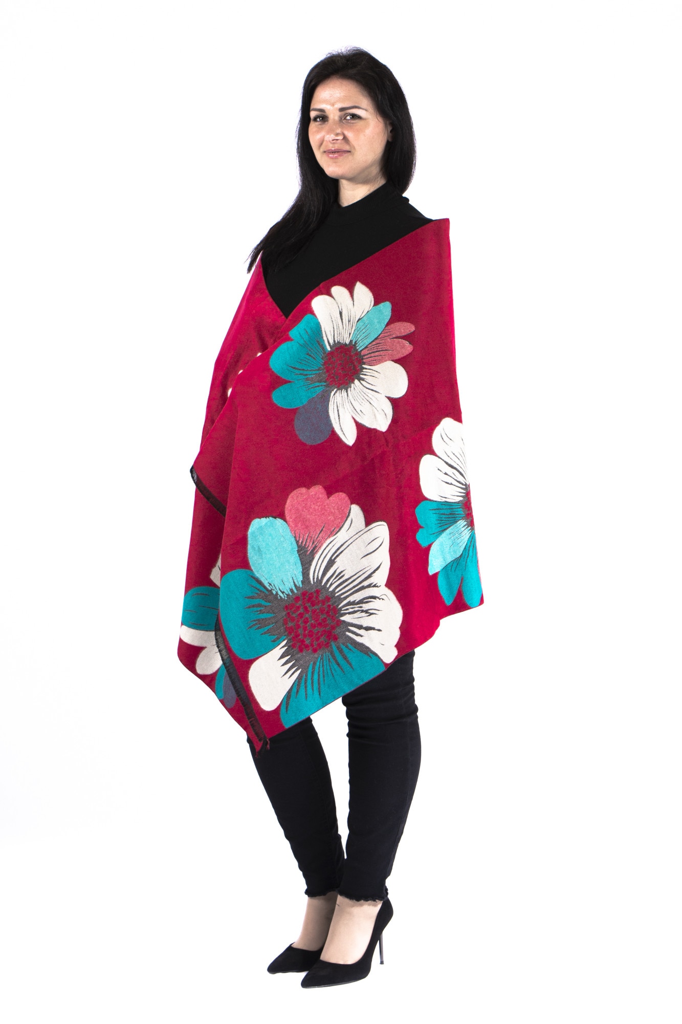 Sal dama, rosu/turcoaz, cu doua fete, model floral, dimensiune 190/65 cm