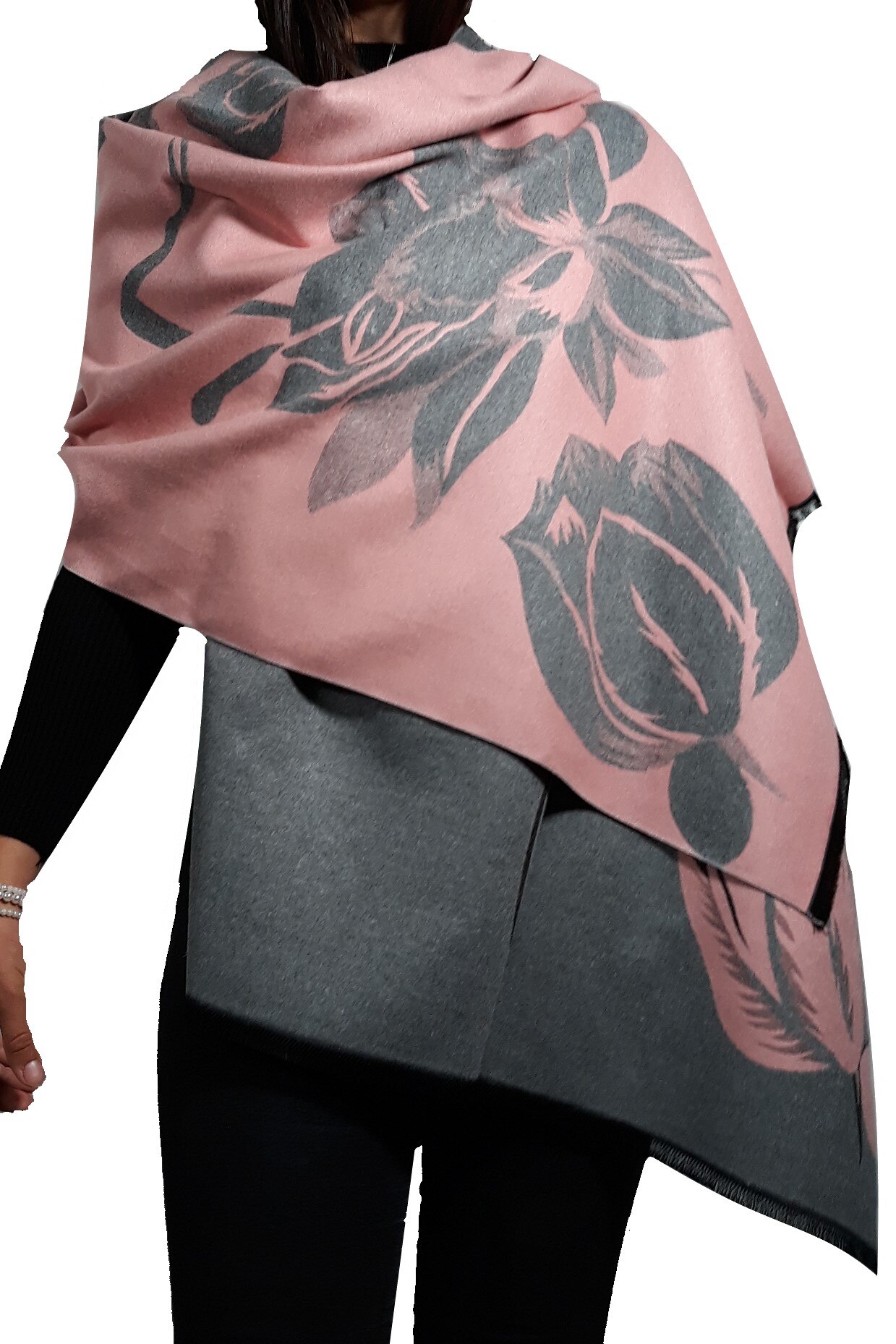 Sal dama, cu doua fete, Roz/Gri, model floral, dimensiune 190/65 cm