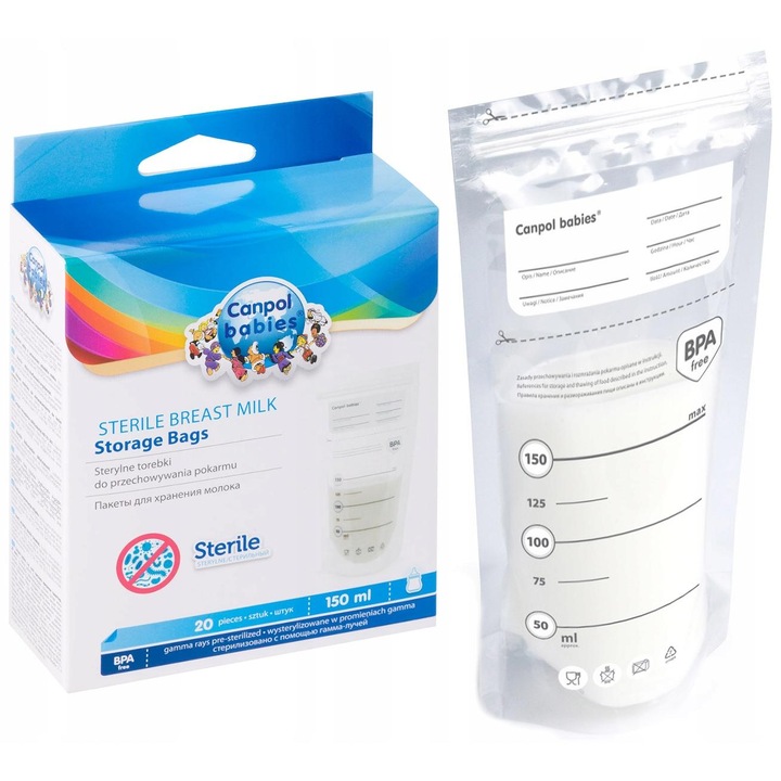 Set Pungi Pentru Depozitarea Alimentelor, Canpol Babies, 70/001, Fabricate Din Material Destinat Contactului Cu Alimentele, Pentru Utilizare Unica, Fiecare Punga A Fost Supusa Unei Sterilizari Riguroase, Include 20 Etichete Autocolante, 20 Buc