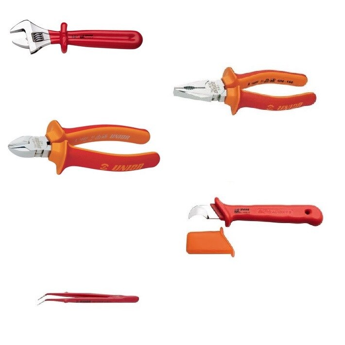 Pachet Scule de mana izolate CCCCP: Cheie reglabila izolata la 1000 V, Cleste combinat izolat la 1000 V, Cleste tais lateral izolat la 1000 V, Cutter izolat la 1000 V, Ciocan lacatusarie, Penseta cu varfuri indoite izolata la 1000 V