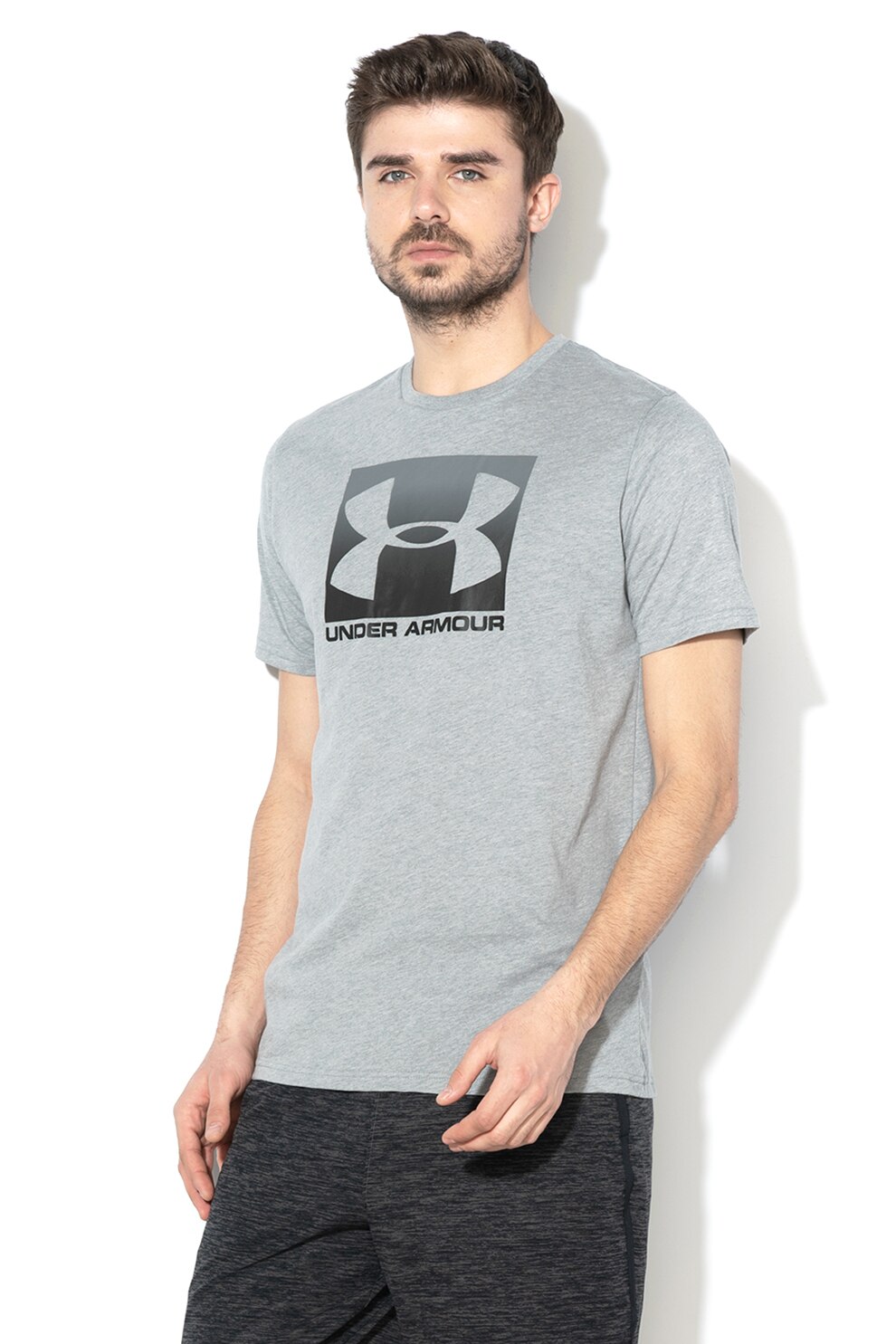 Under Armour, Tricou cu imprimeu logo pentru fitness Boxed, Gri melange, XL