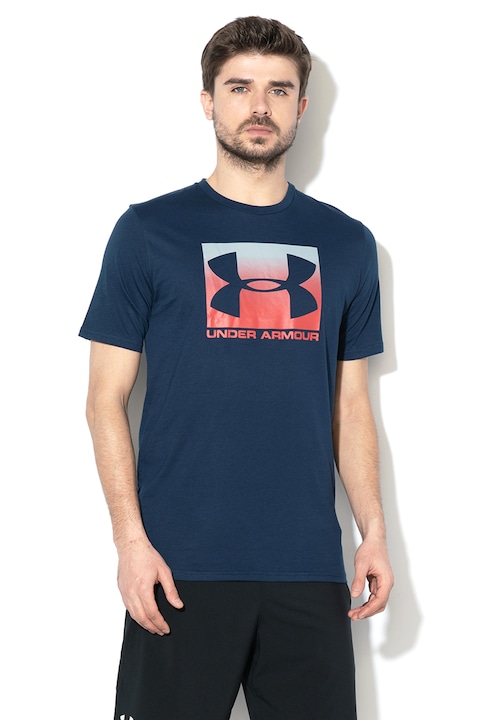 Under Armour, Тениска за фитнес Boxed с лого, Тъмно минерално синьо