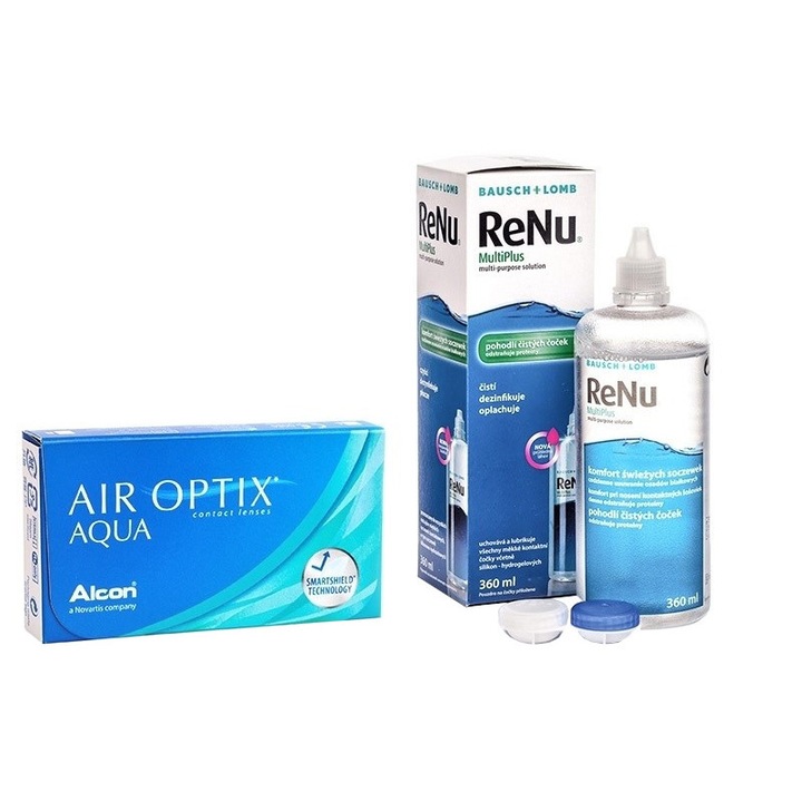 Контактни лещи Air Optix Hydraglyde, 6 лещи + ReNu 360 мл с поставка за лещи