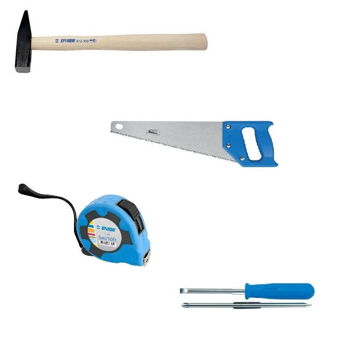 Pachet Scule de mana FCRS: Fierastrau tip Coada de vulpe cu maner inchis, Ciocan lacatusarie, Ruleta, Surubelnita reversibila maner polipropilena