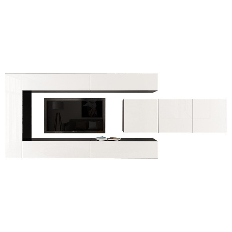 Set Mobila Living Modular Quadro 15 Negru cu usi Albe, MDF Lucios, dimensiune 400cm