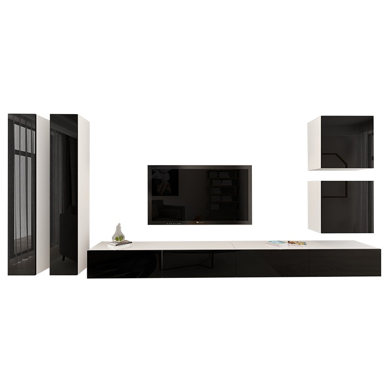 Set Mobila Living Modular Quadro 14 Alb cu usi Negre, MDF Lucios, dimensiune 410cm