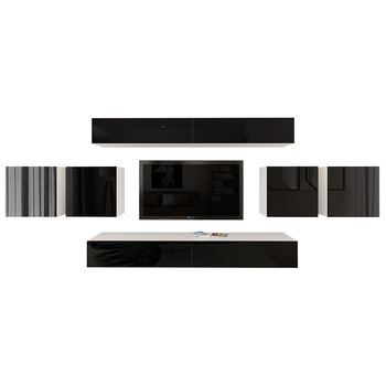 Set Mobila Living Modular Quadro 16 Alb cu usi Negre, MDF Lucios, dimensiune 440cm Set Mobila Living Modular Quadro 16 Alb cu usi Negre, MDF Lucios, dimensiune 440cm