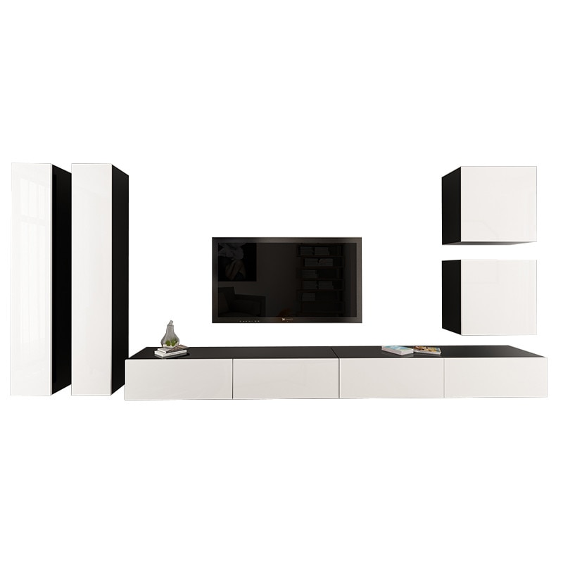 Set Living Modular Quadro 14 Negru cu usi Albe, MDF Lucios, dimensiune 410cm