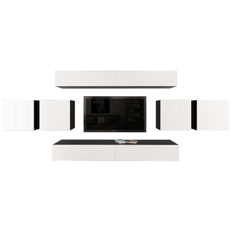 Set Mobila Living Modular Quadro 16 Negru cu usi Albe, MDF Lucios, dimensiune 440cm