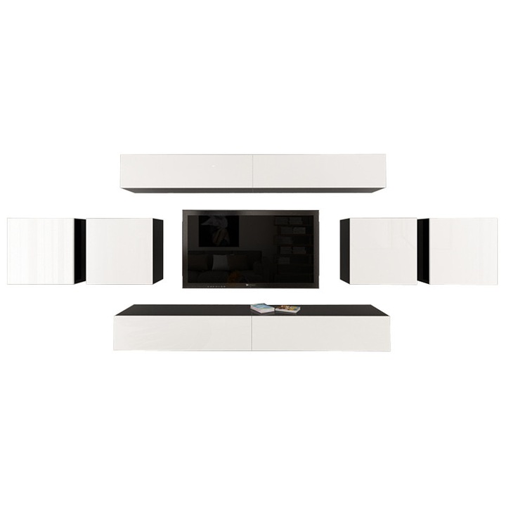 Set Mobila Living Modular Quadro 16 Negru cu usi Albe, MDF Lucios, dimensiune 440cm
