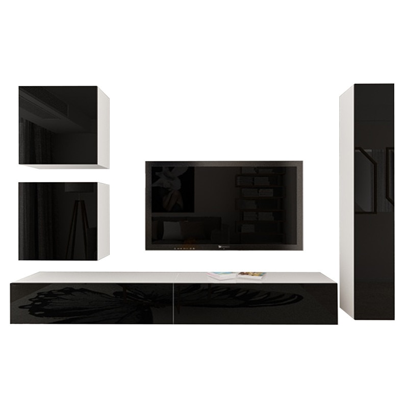 Set Mobila Living Modular Quadro 18 Alb cu usi Negre, MDF Lucios, dimensiune 280cm