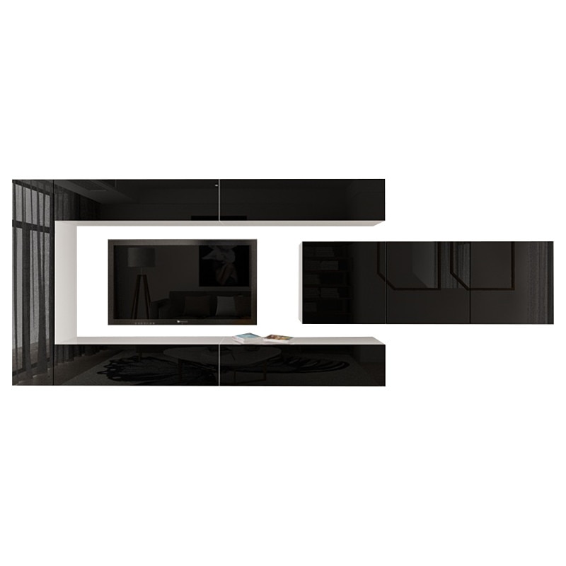 Set Mobila Living Modular Quadro 15 Alb cu usi Negre, MDF Lucios, dimensiune 400cm