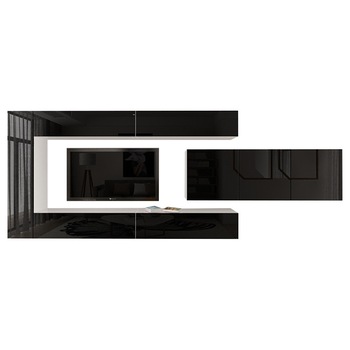 Set Mobila Living Modular Quadro 15 Alb cu usi Negre, MDF Lucios, dimensiune 400cm Set Mobila Living Modular Quadro 15 Alb cu usi Negre, MDF Lucios, dimensiune 400cm