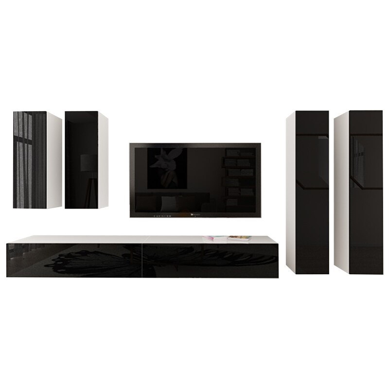 Set Mobila Living Modular Quadro 19 Alb cu usi Negre, MDF Lucios, dimensiune 320cm