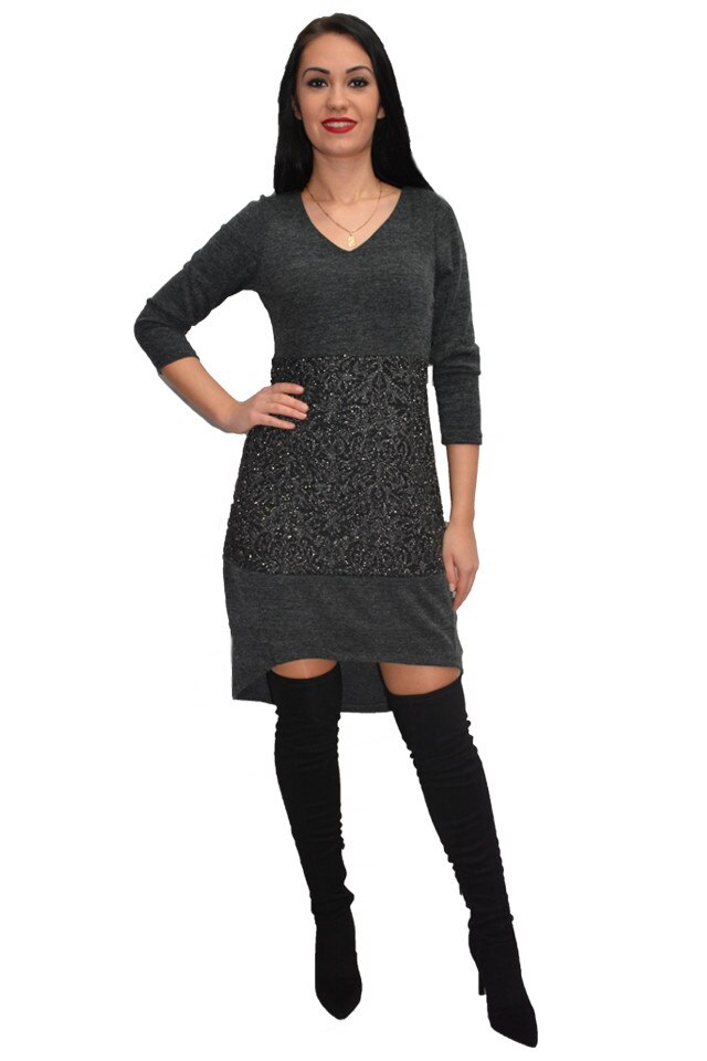Rochie casual cu insertii argintii, D&J Exclusive, Gri