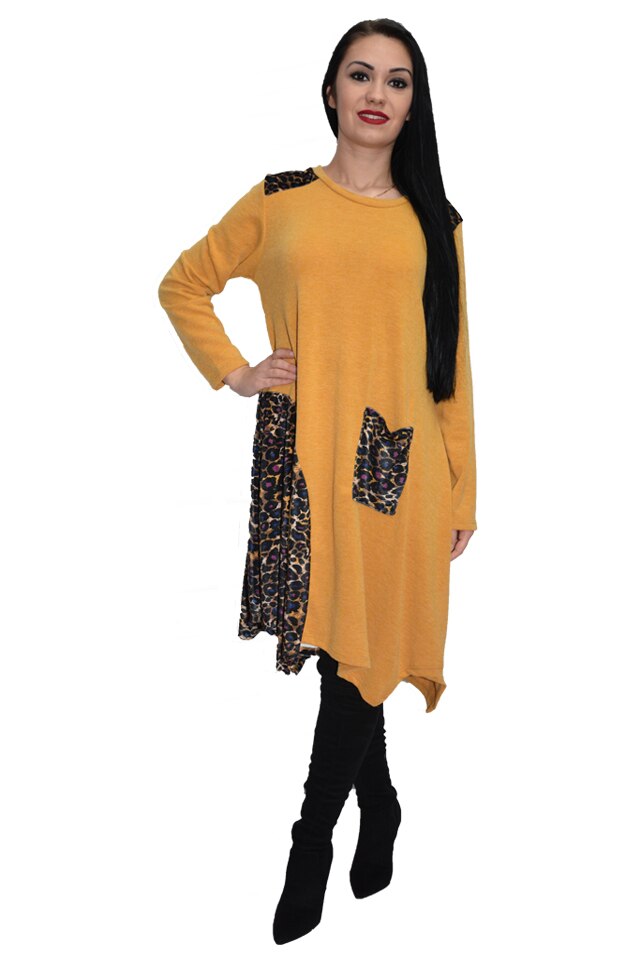 Rochie casual tricotata cu maneca lunga, D&J Exclusive,Galben
