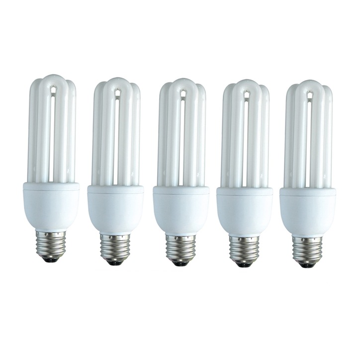 Set 5 Becuri Economice , Forma 3U , Alb , Fasung E27 , Intensitate 6400 K