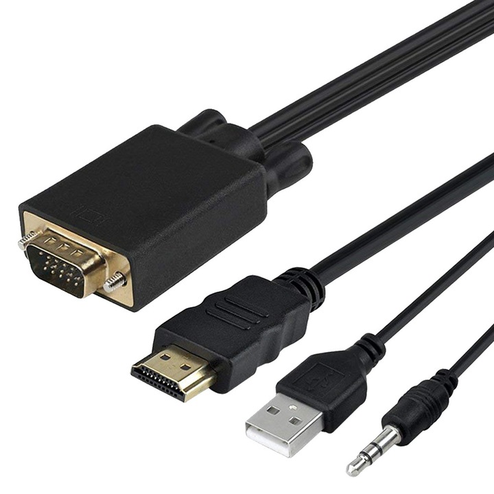 Кабел с аудио и USB, VGA мъжки към HDMI мъжки конвертор 1,8 м, Черен