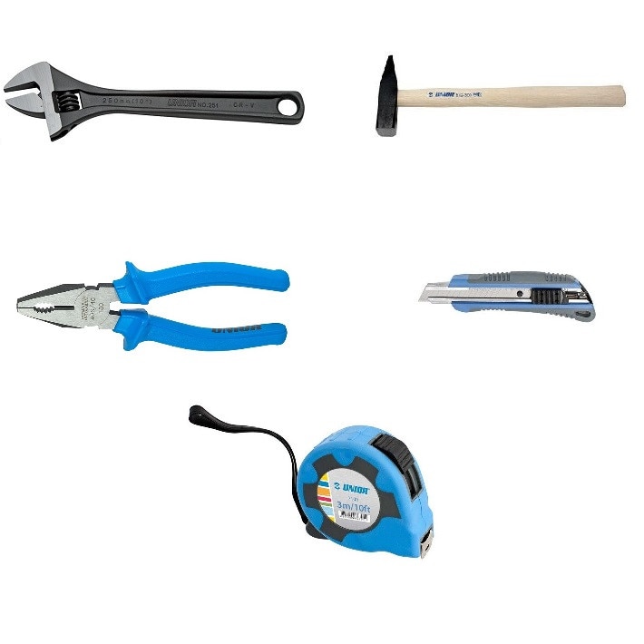 Pachet UNIOR CCCRC Cheie reglabila, Cleste combinat, Cutter, Ruleta, Ciocan lacatusarie