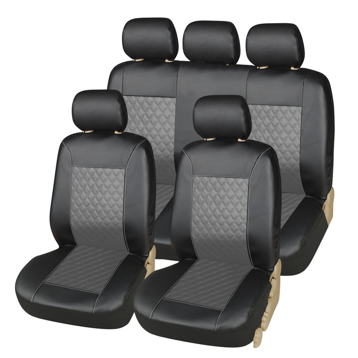 Set huse Scaune Auto Universale Piele ecologica Flexzon, Negru si Gri, 9 buc/set