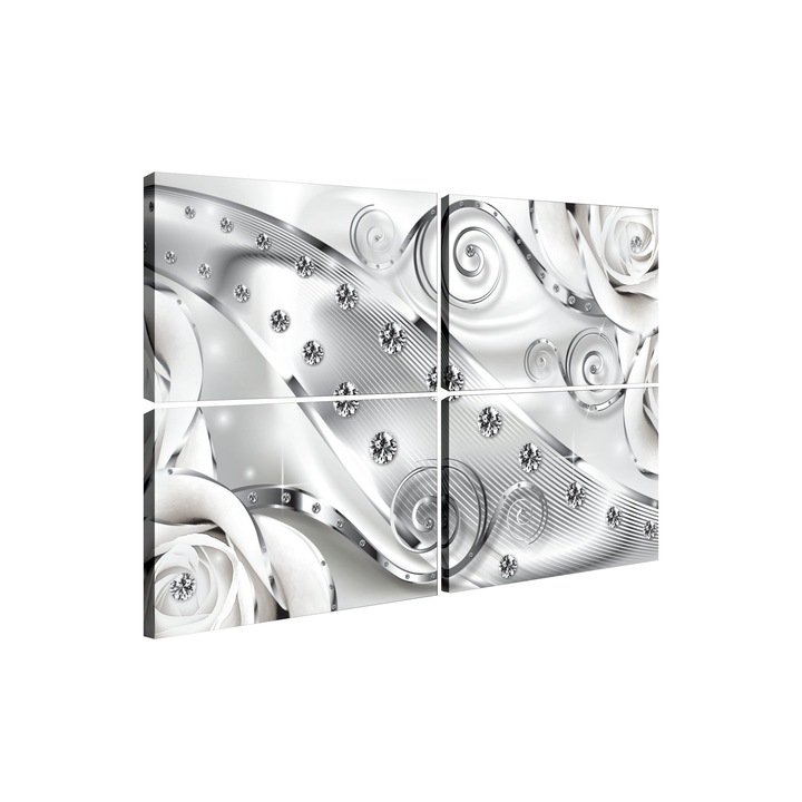 Set Tablouri DEGRETS 78002 Canvas, 80 x 120 cm, 4 piese (4x40x60 cm), Diamant floral alb 3D