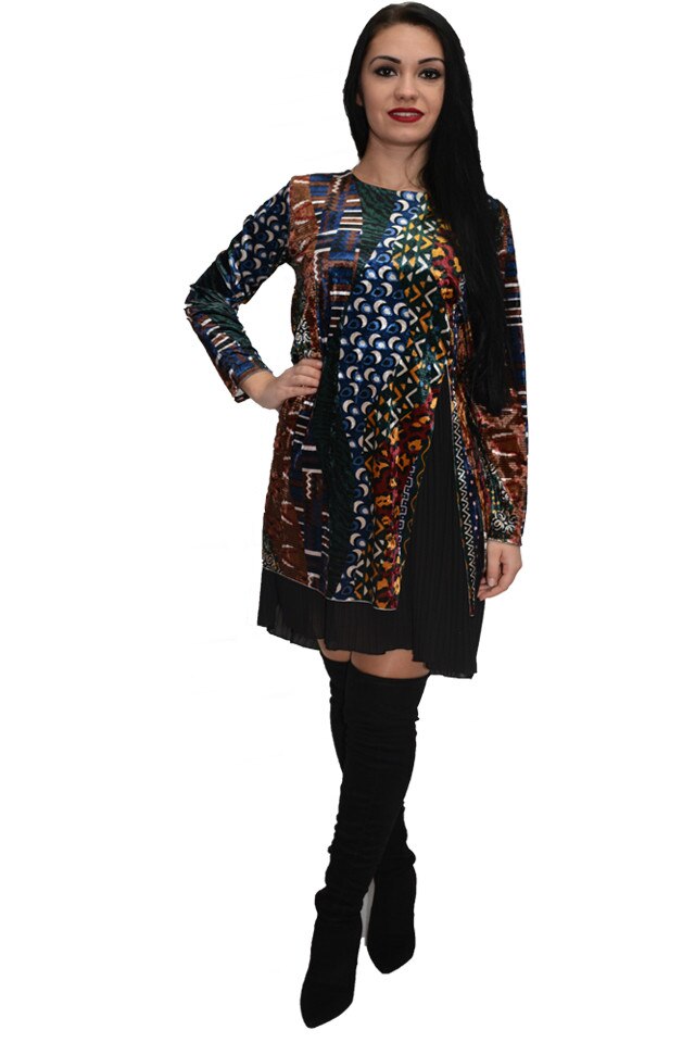 Rochie sexi din catifea cu imprimeu, D&J Exclusive, Albastru marin