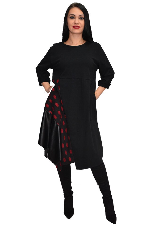 Rochie tinereasca cu buline si insertii de piele, D&J Exclusive, negru-rosu