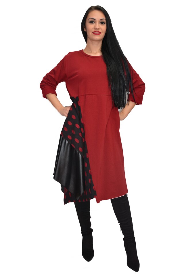 Rochie tinereasca cu buline si insertii de piele, D&J Exclusive, Rosu