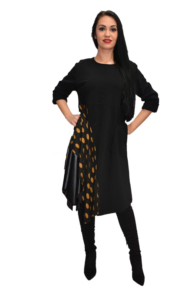 Rochie tinereasca cu buline si insertii de piele, D&J Exclusive, Negru