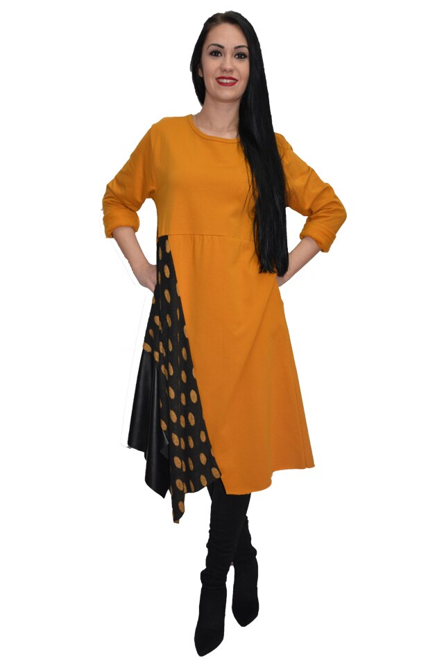 Rochie tinereasca cu buline si insertii de piele, D&J Exclusive, Galben