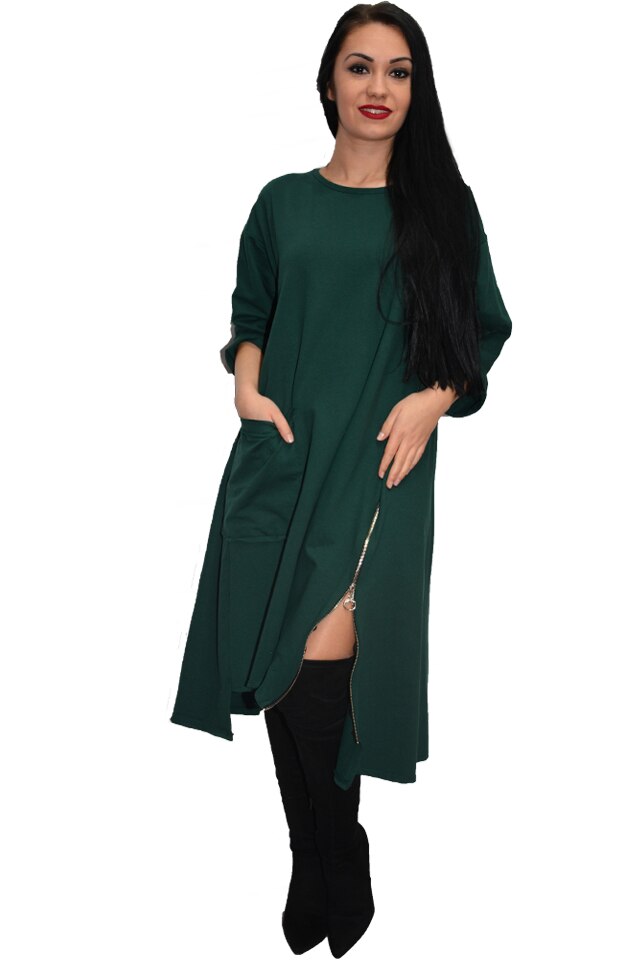 Rochie de zi cu buzunat tip saculet, D&J Exclusive, Verde