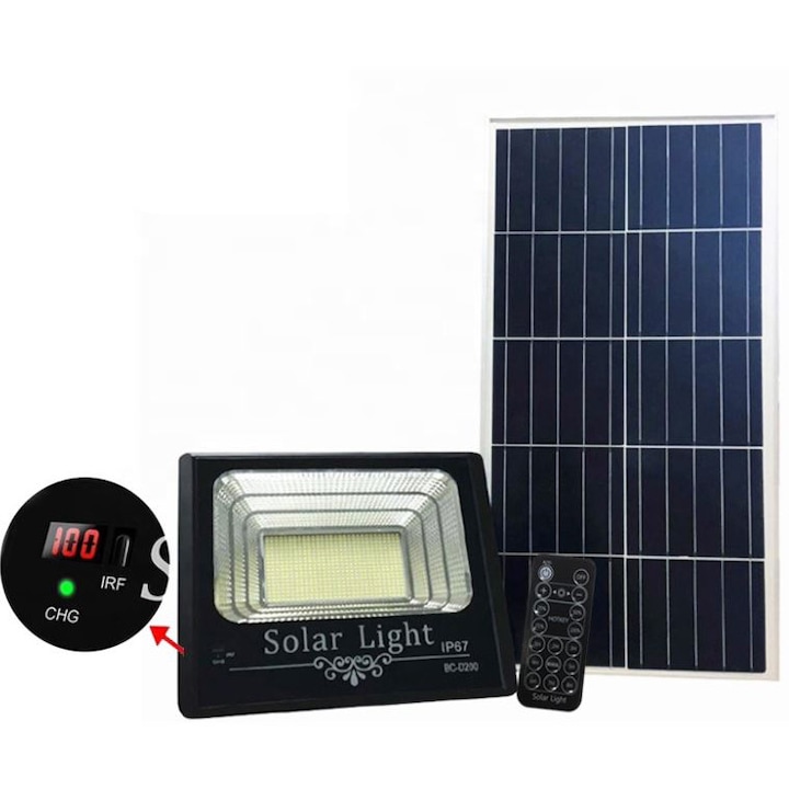 Proiector solar puternic Zolia™ de 30W, 66 LED SMD, cu display LED nivel incarcare, panou solar 8W 17.5x34 cm si telecomanda cu functii multiple de setare a intensitatii luminoase si timpului de functionare