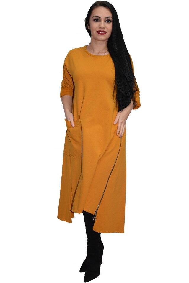 Rochie de zi cu buzunat tip saculet, D&J Exclusive, Galben