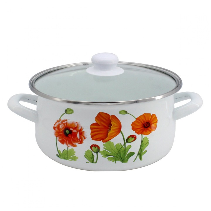 Oala cu capac din sticla SAPIR SP 4518 I22G, 22 cm, 3.5 l, Smalt, Alb