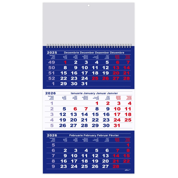 Calendar triptic A3 2026 12 file hartie lucioasa, albastru si rosu